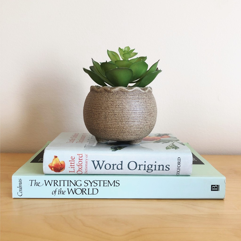 Two books stacked with a small plant on top